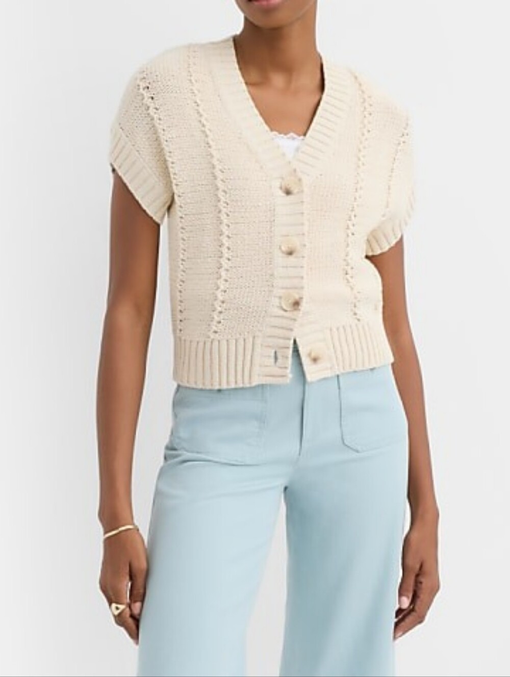 NWT LOFT Pointelle Textured Short Sleeve V-Neck Button Cardigan